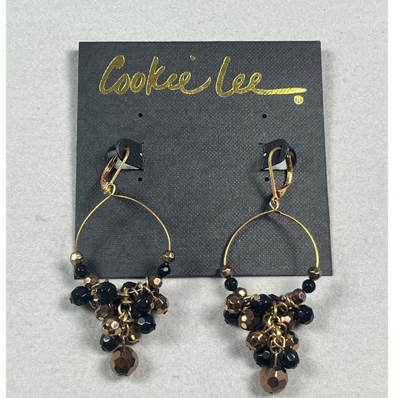 Cookie Lee Jewelry - Cookie Lee Black Bronze Beaded Cluster Hoop Earrings Gold Tone Leverback New